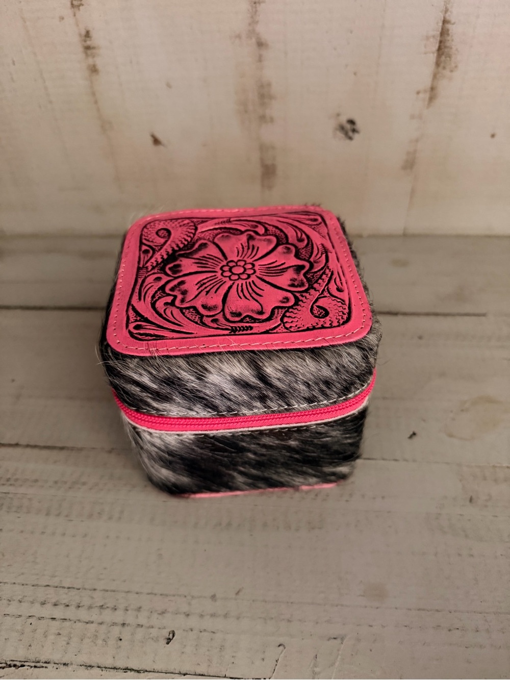 Pink Floral Accent Genuine Cowhide Jewelry Box - Women Accessories